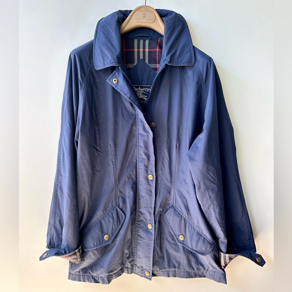 Vtg Burberry Women's Navy Utility Jacket, Check Lining, M - Picture 1 of 16